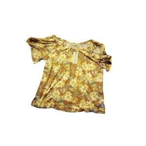 All in Love Women M Floral Print Top Yellow Brown Short Sleeve Casual Blouse NWT